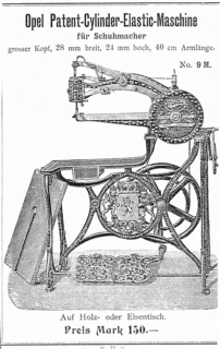 Schuhmacher- Nähmaschine von 1898, Typ 9 M,<br />
ein Opel Schriftzug gibt es an keiner Maschine