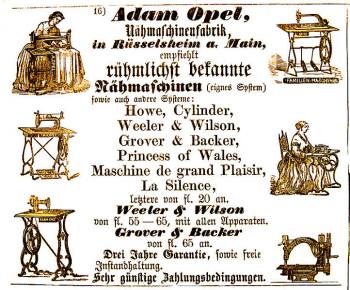 Werbung von 1869. Oben rechts ist die Familien- Nähmaschine von Plaz & Co. Auch sind Maschinen u.a. von Clemens Müller, Howe und Wheller & Wilson zu sehen.